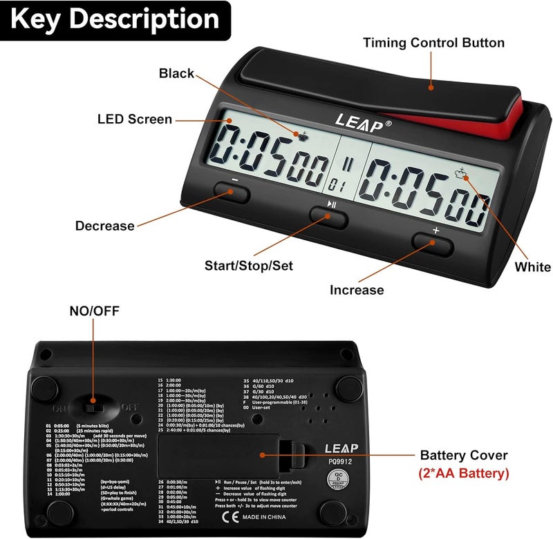 LEAP Chess Clock Advanced Digital Chess Timer with 7 Type 38 Timing Set Modes Including Single or Multi Period Countdown Restricted Moves or Time Function - Image 5